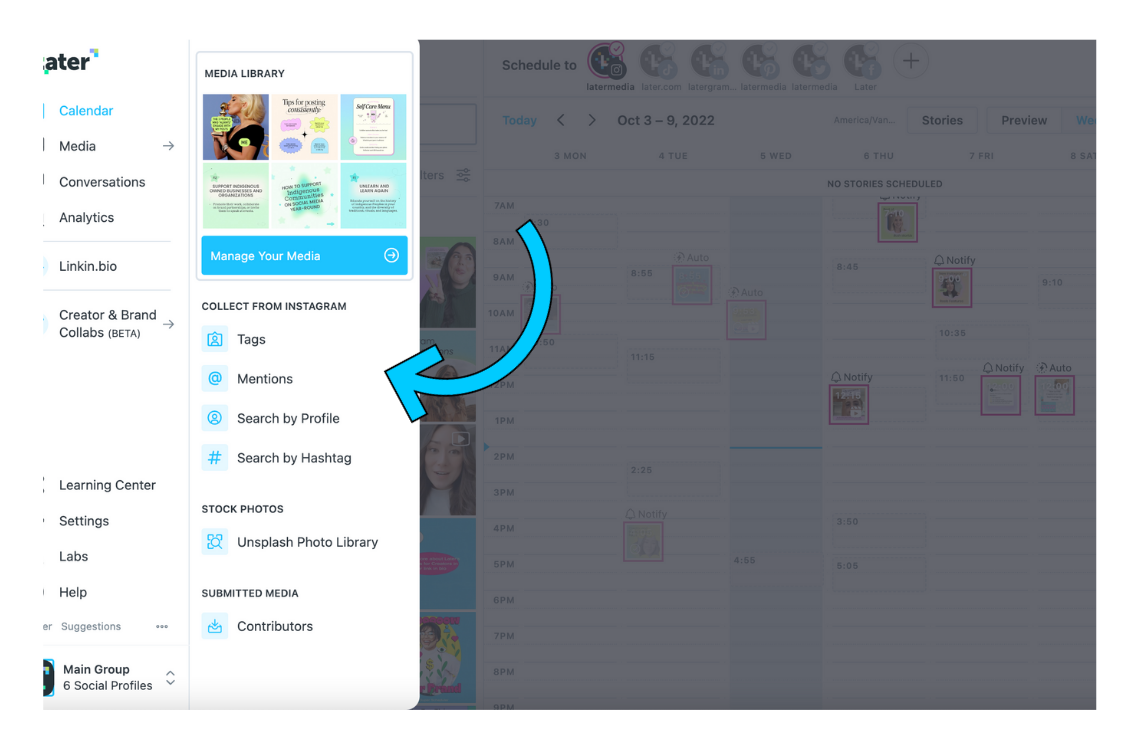 Later desktop view for collect feature with options: Tags, Mentions, Search by Hashtag
