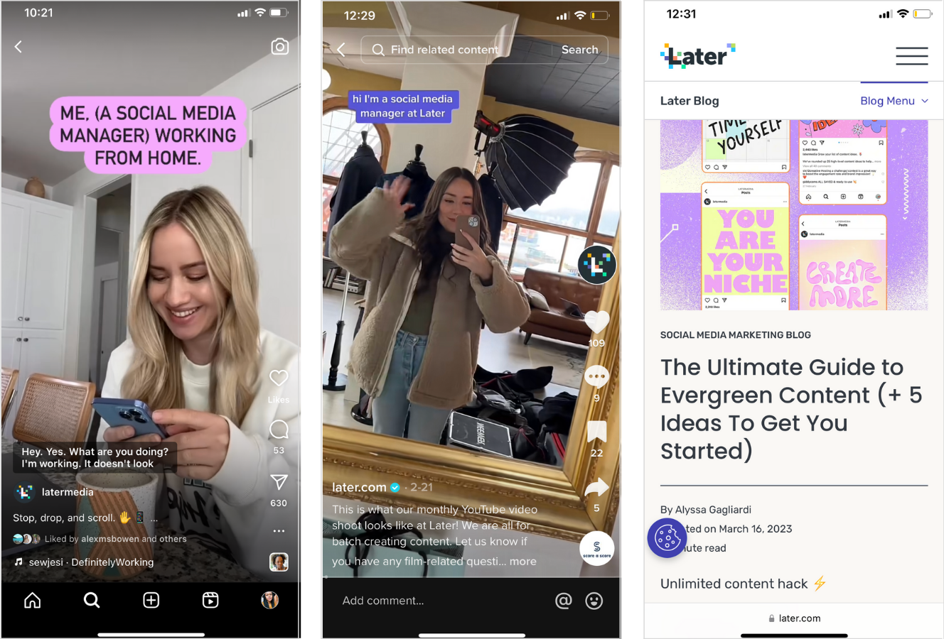 Screenshot x3 of Later content examples. From left to right: Reel, TikTok, and Later's blog.