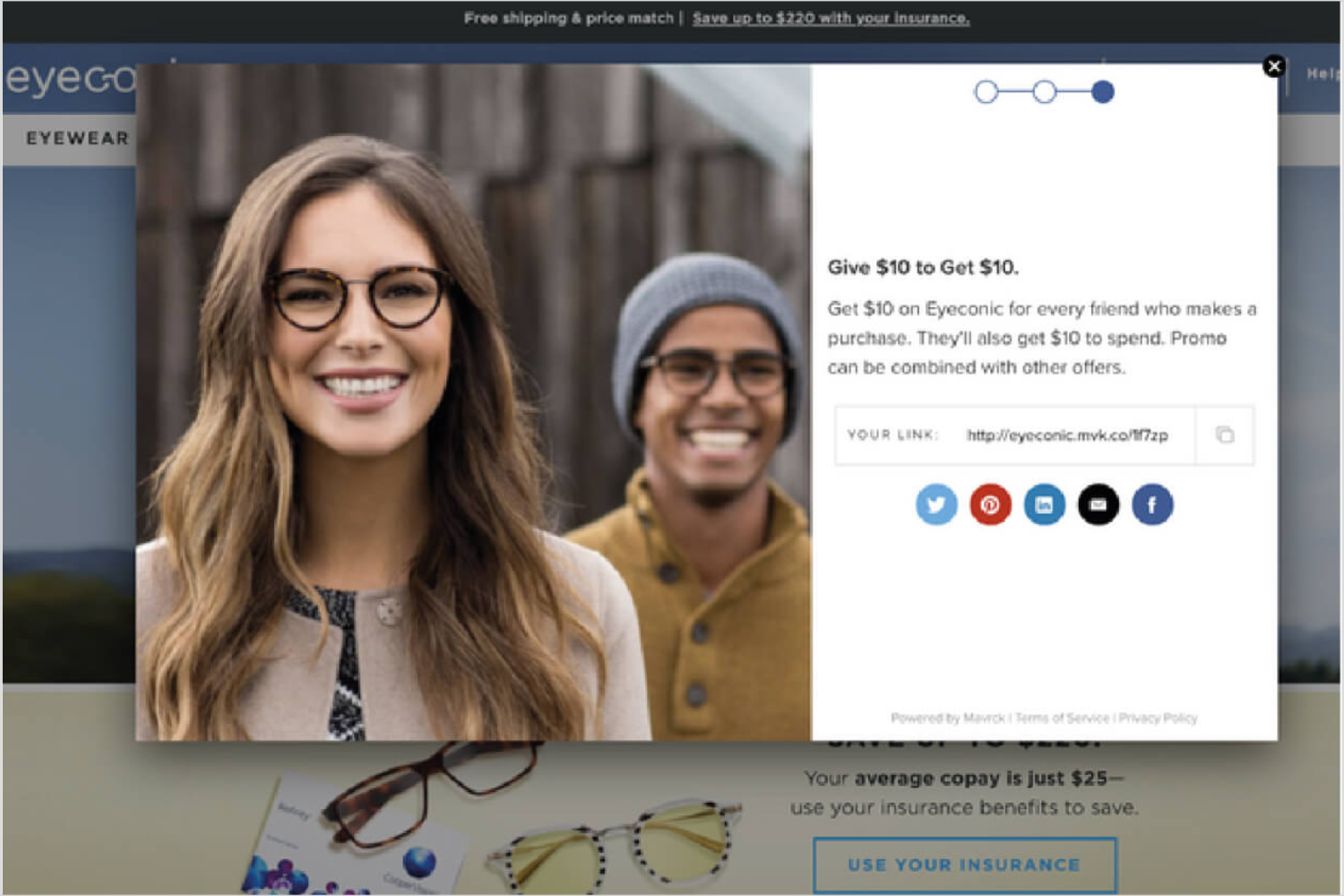 Screenshot of eyeconic referral program screen on website