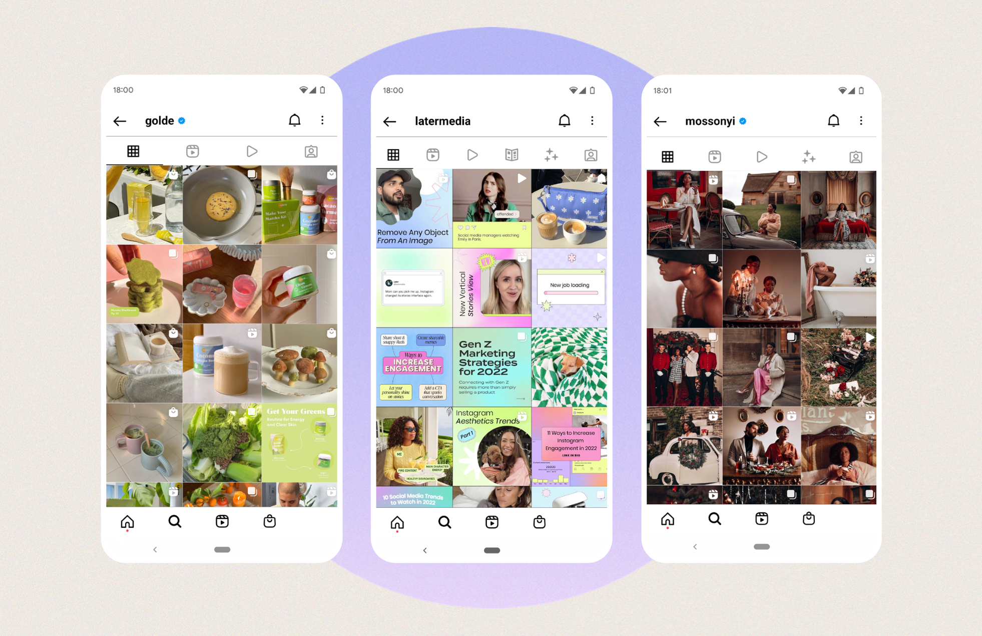 Instagram feed aesthetic examples from Golde, Later, and Mossonyi